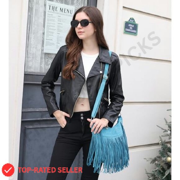 Vintage Suede Hobo Crossbody Bag Fringe Tassel Western Boho Chic - Picture 3 of 8